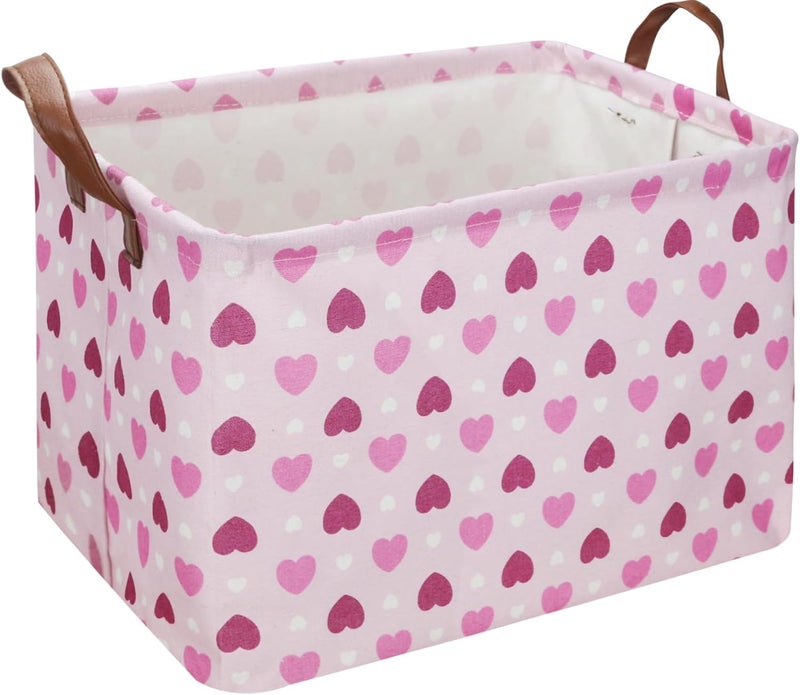 NTAOHAMPER Rectangular Pink Heart Gift Basket Empty,Fabric Storage Basket with Handles,Kids Toys/Books Box,Lovely Storage Bin,Room Decor(Pink Love) - Image 1